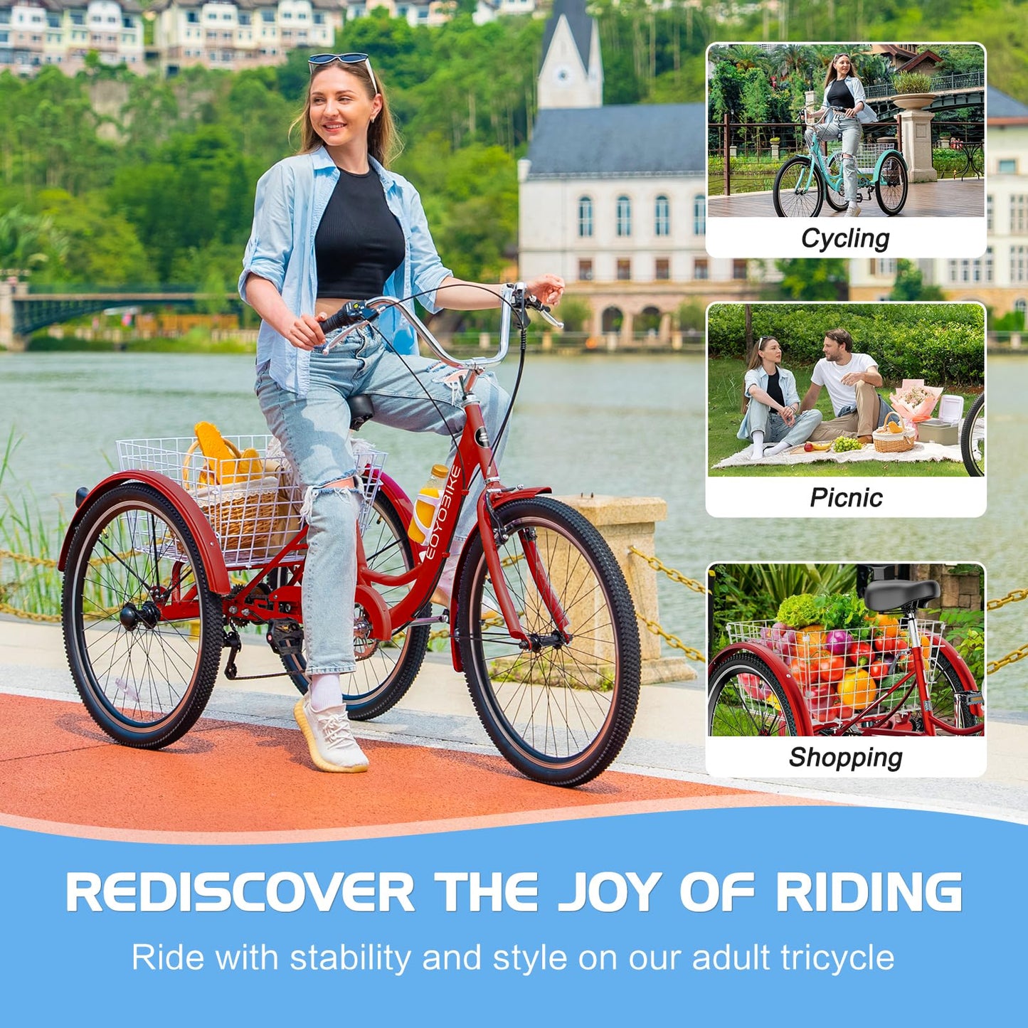 EOYOBIKE Adult Tricycle 3-Wheel Cruiser Bike, Low Step-Through, Heavy-Duty Comfort Trike with Adjustable Handlebar & Spring Saddle, Large Rear Basket, for Seniors & Adults (Merlot Velvet, 26" Tire)