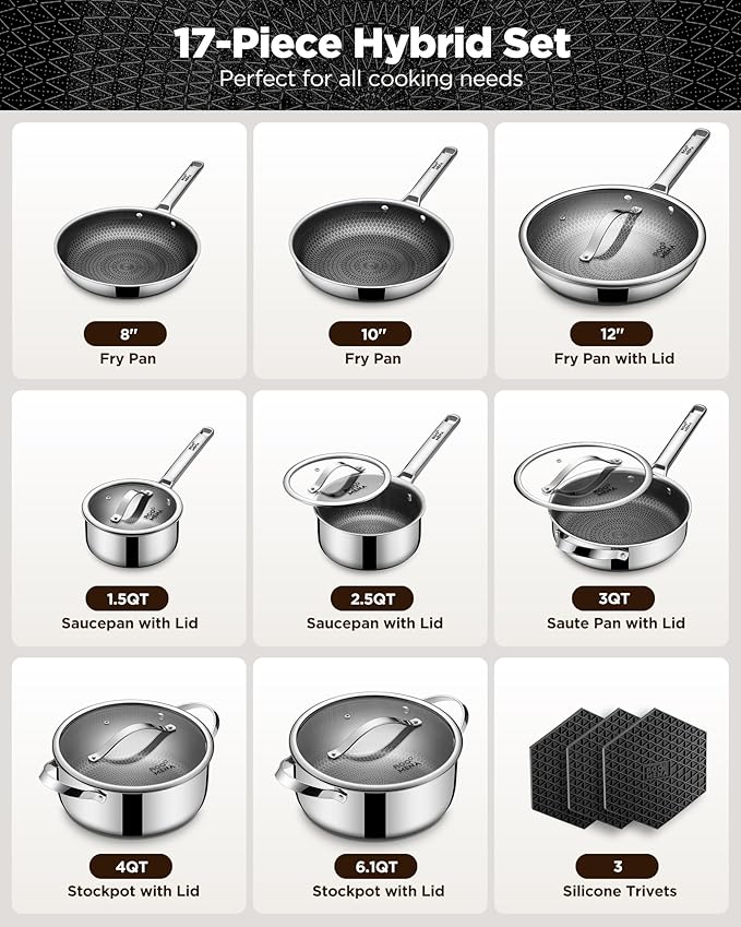 Pots and Pans Set Hybrid Stainless Steel, 17PC Nonstick Tri-Ply Cookware Set w/Frying Au Gratin pan, Dishwasher & Oven Safe, PFOA-Free, Metal Utensil Safe, Suitable for All Cooktops