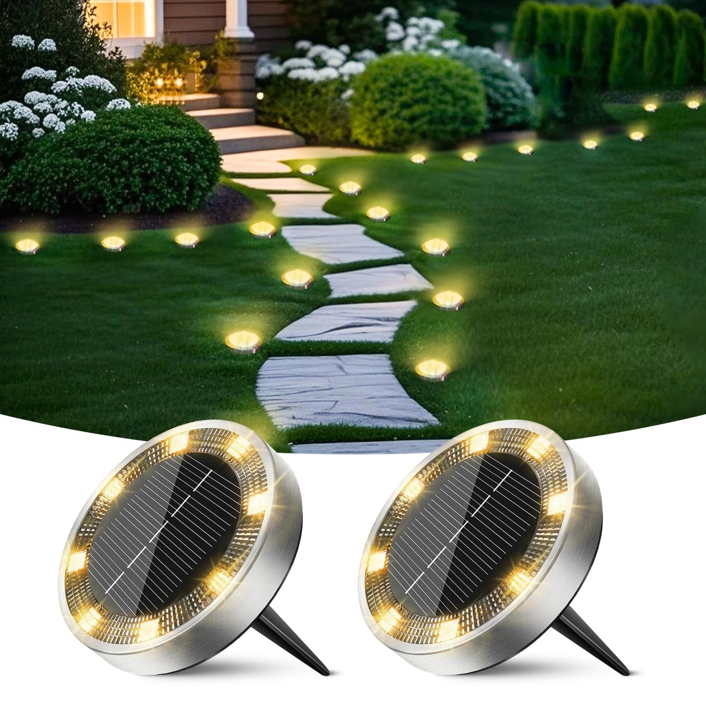 Peasur Solar Ground Lights, Flat Disc, IP68 Waterproof, Stainless Steel, 2 Pack, Warm White
