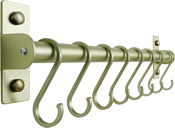 Dseap Kitchen Utensil Holder Hanger, Pot and Pan Rack Wall Mounted, Kitchen Rail with 8 Hooks for Hanging Cooking Utensils, Mugs, Spoons, Wall Mounted, Champagne Color, Pack of 2