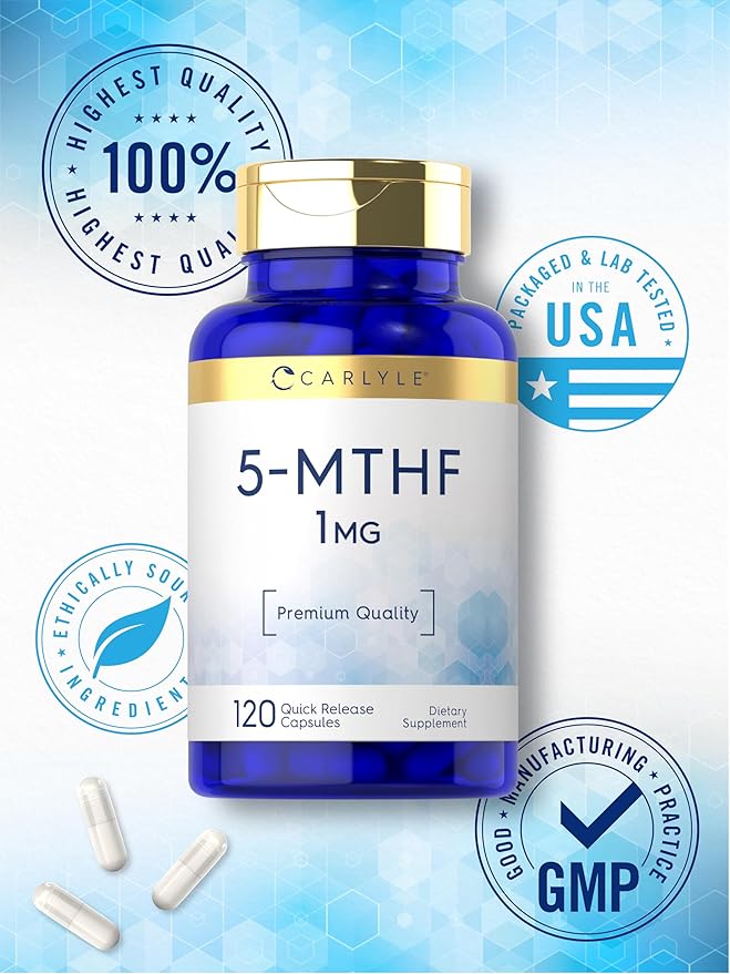 Carlyle 5-MTHF Folate Supplement | 1mg | 120 Capsules | Premium Quality L Methylfolate | Non-GMO, Gluten Free