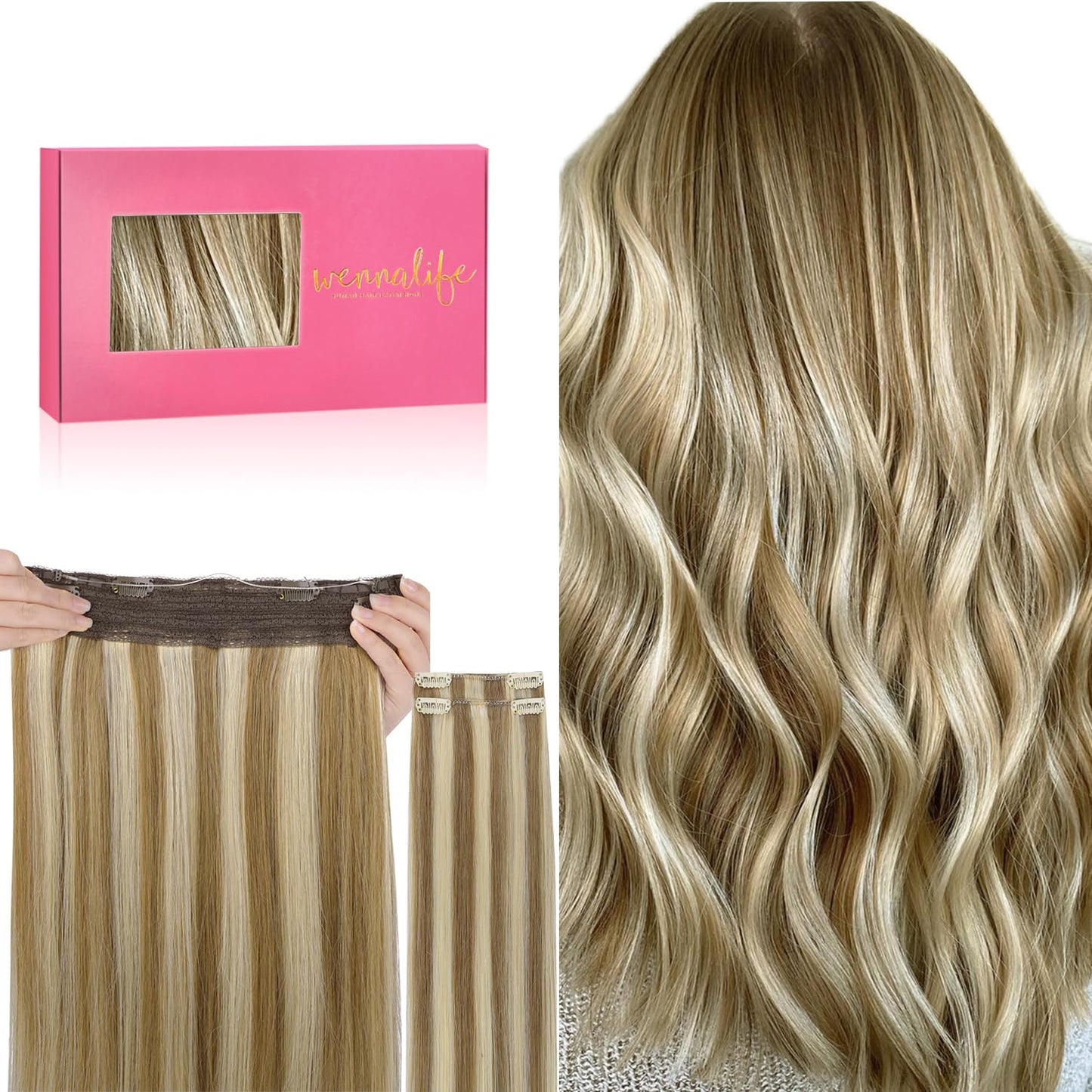 WENNALIFE Wire Hair Extensions (Increase 50% Lifespan) Real Human Hair 14 inch 105g Ash Brown Highlighted Golden Blonde Remy Rea
