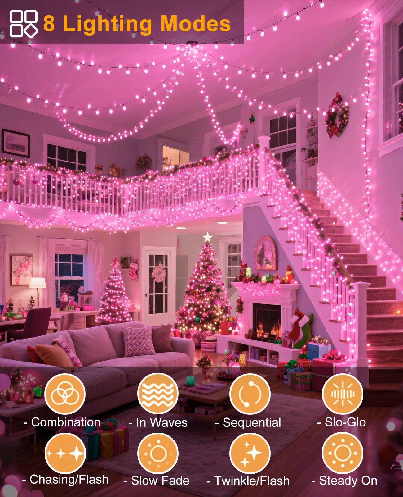 Xmasbokeh Pink Christmas Lights Outdoor  80Ft 240 Led Christmas Tree Lights Waterproof Plug In  8 Modes Connectable Christmas Decorations Green Wire For Indoor Bedroom Tree House Holiday