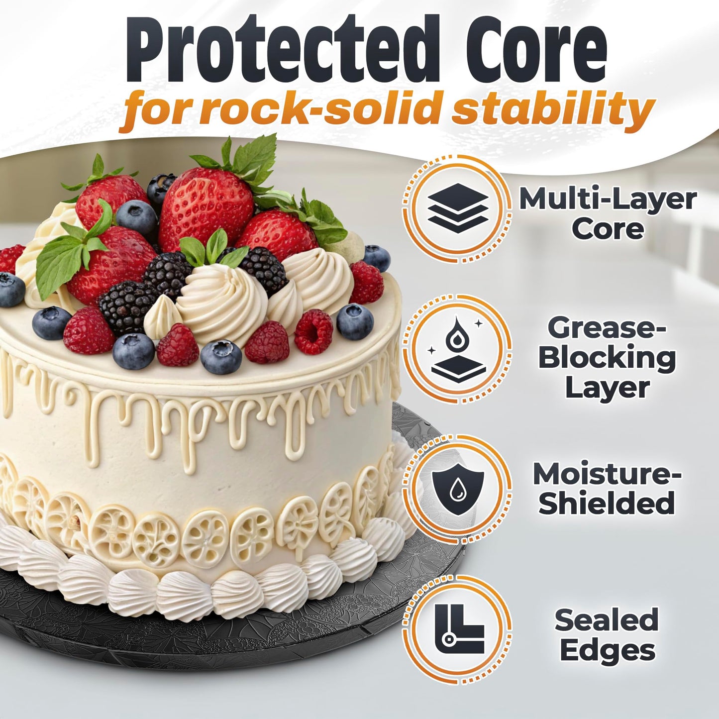 12 Inch Cake Drum - Black Round 12 Inch Cake Boards for Holiday Dessert Presentation, Grease and Moisture Resistant, Thick Durable Material with Fancy Pattern, Great for Valentine day & Birthday Cakes