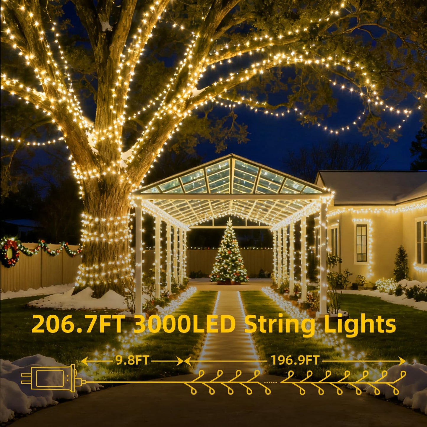 Lycklig Fairy Lights Plug In 195Ft 3000Led Warm Christmas Garland Lights With Timer Remote Waterproof Fire er Twinkle Cluster String Light For Bedroom Wreath Party Wreath Tree Decor Green Wire