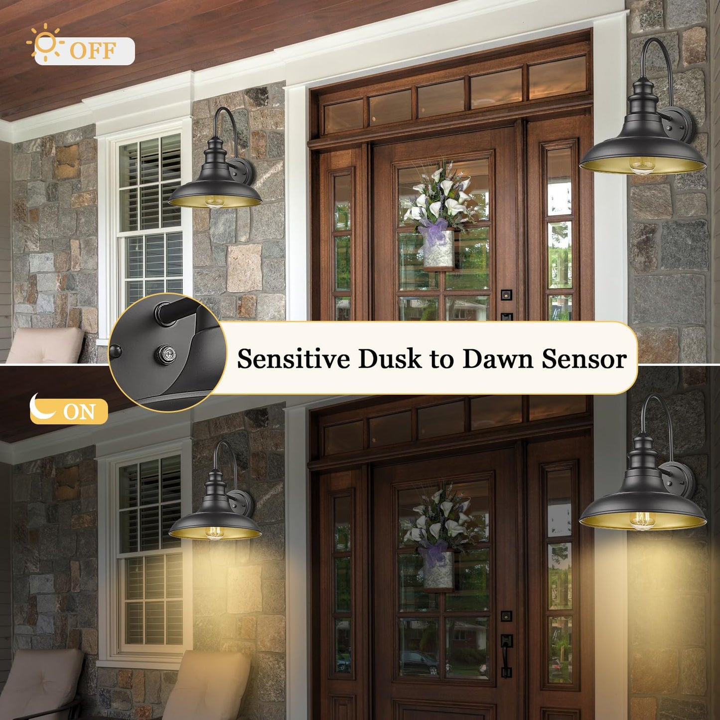 Diyel Outdoor Barn Light Fixture, Dusk to Dawn Sensor, 12.3 Inch, Black, Iron, Model RZ004BK-2, 2 Pack