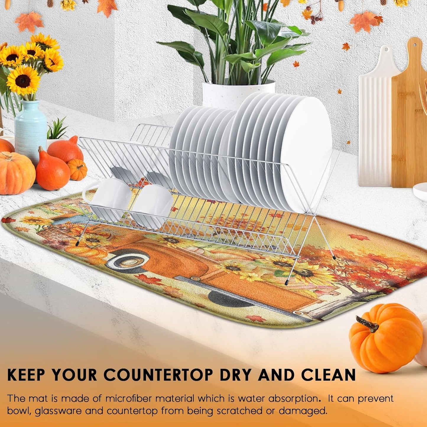 Sanwarm Absorbent Dish Drying Mat, Fall Truck Pumpkin Microfiber Pad for Kitchen Counter, Tree Leaf for Coffee Bar Decor, Heat Resistant and Reversible, 18" x 24"