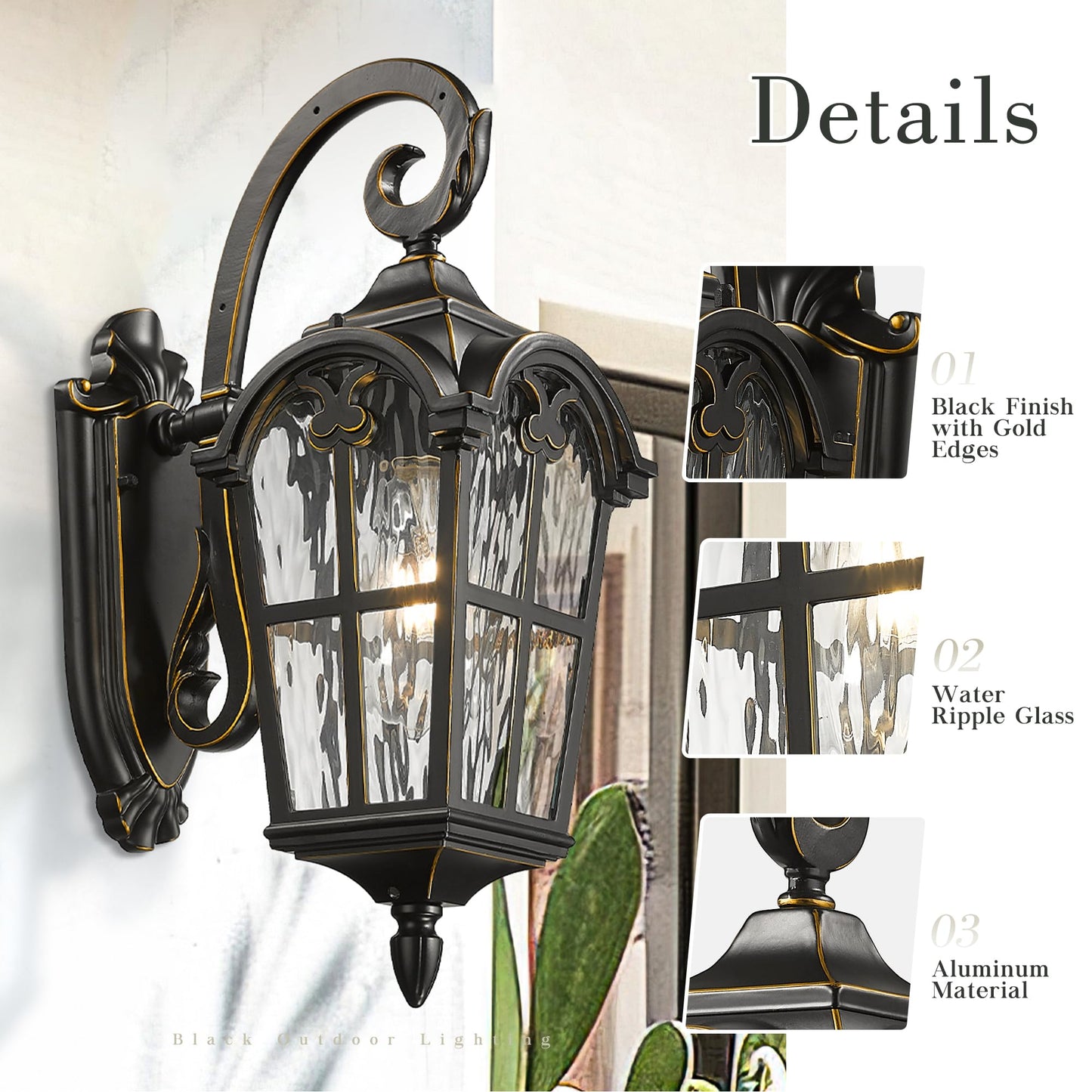Emliviar Vintage Outdoor Lighting Fixture Wall Sconces With Water Ripple Glass  17.5 Front Porch Wall Lantern  Black Finish With Gold Edges  We215B-Sw Bg