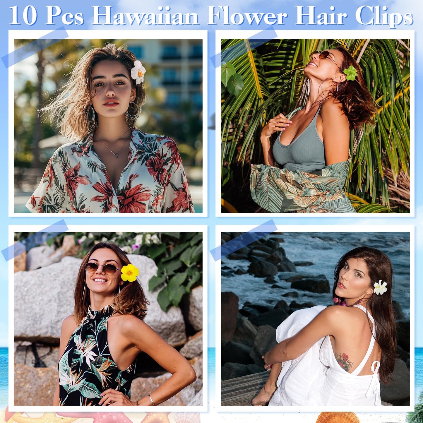 10 Pcs Hawaiian Flower Hair Clips for Women, Plumeria Hibiscus Hair Clips, 3.5 Inch Artificial Flower Clips for Vacation Party B