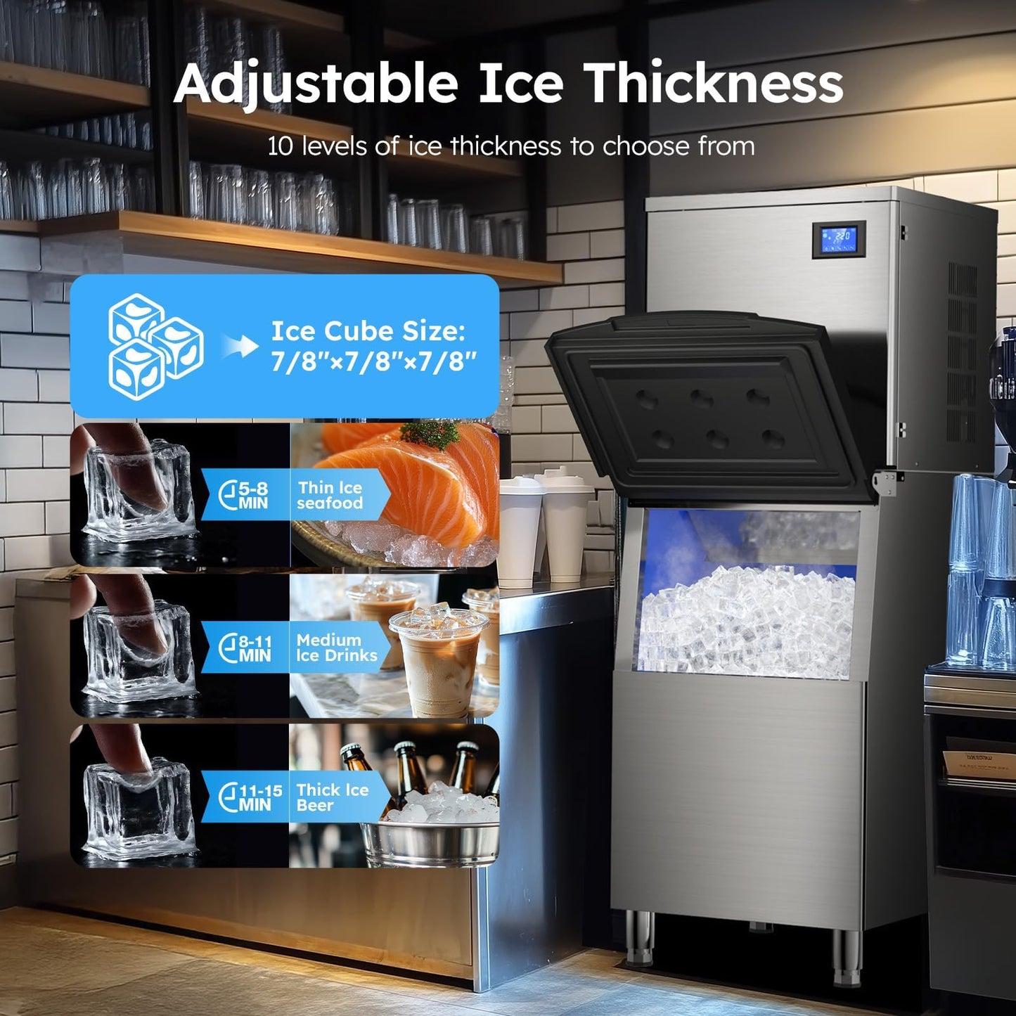 Commercial Ice Machine 700LBS/24H,Storage 560LBS,Large Industrial Ice Maker,Ice Ready in 5-15min,with Self-Cleaning Mode,with Timing Function,10 Levels of Ice Thickness Adjustment,Stainless Steel