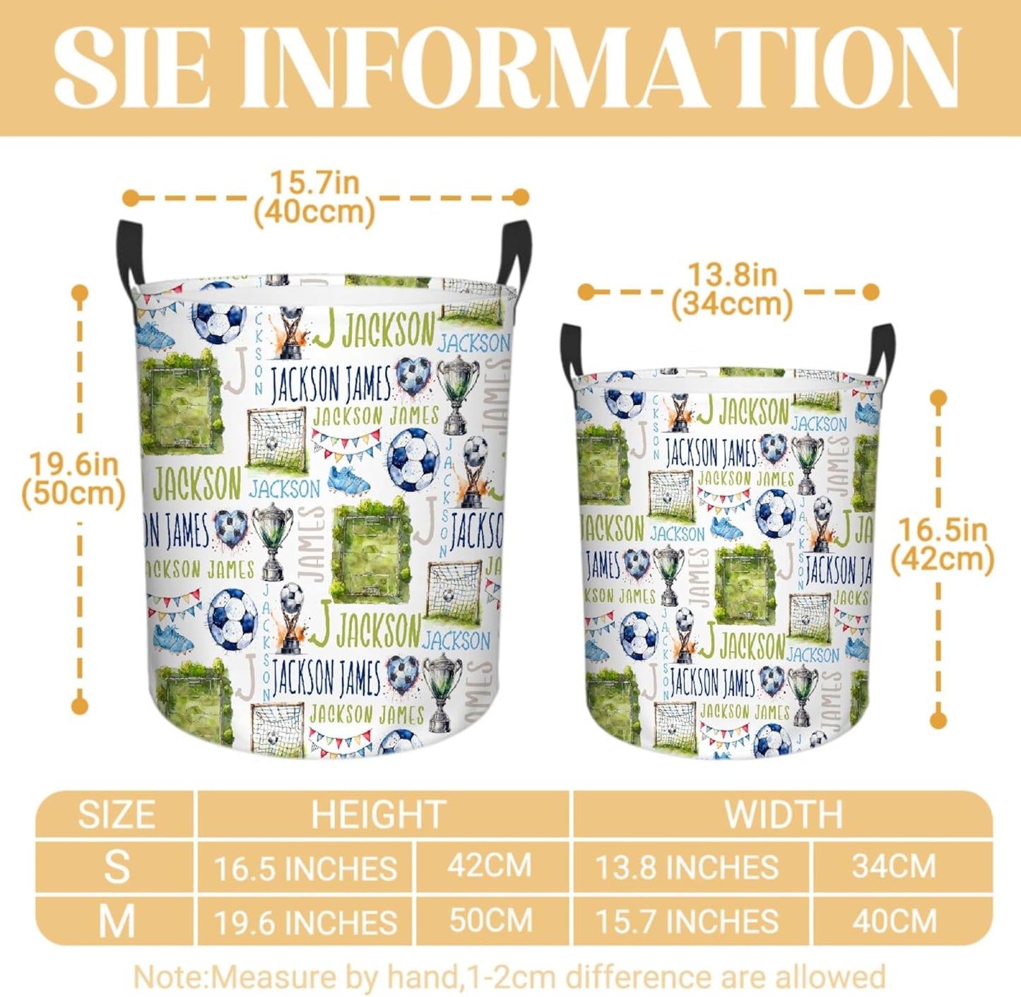 Personalized Soccer Laundry Basket, Custom Sports Laundry Hamper With Name Gifts For Kids Baby Adults, Collapsible Dirty Clothes Storage Organizer With Handles M 19.6 X 15.7in