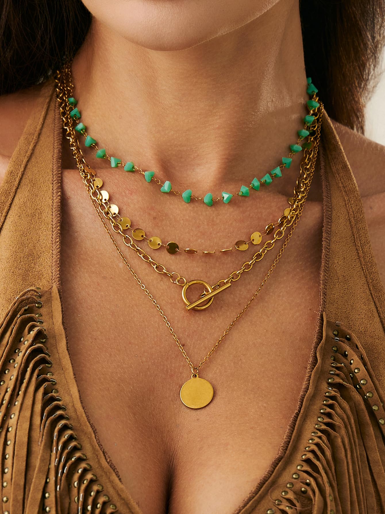 Inactwin Layered Gold Necklaces for Women Stack Boho Turquoise Western Coin Pendant Necklace Country Concert Beach Fashion Jewel