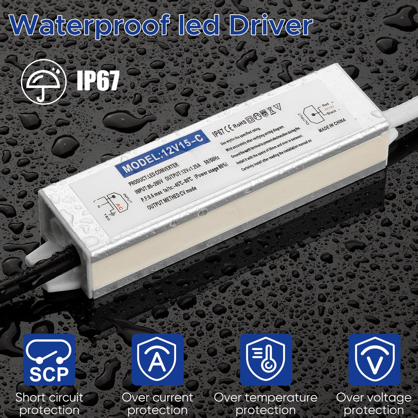 Karyoosi 12V 15W LED Driver Power Supply, Waterproof IP67, 110V AC to 12V DC Converter, Silver, Ideal for Indoor/Outdoor Lighting