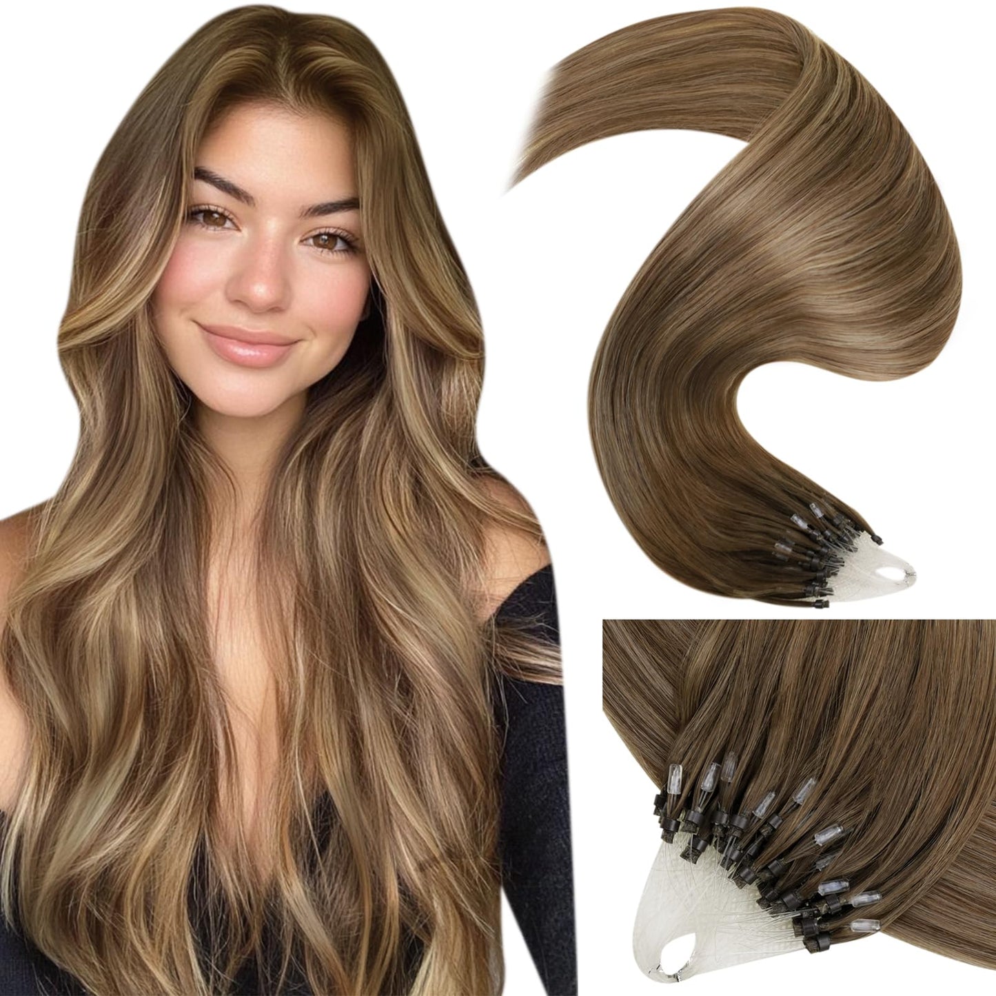LaaVoo Micro Link Hair Extensions 24" Human Hair Balayage Ash to Golden Brown, Silky Straight, 50g/s