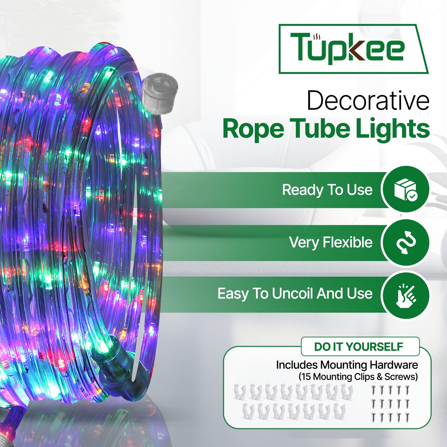 Tupkee LED Rope Light Multi-Color 24 Feet 144 Long Life Bulbs PVC Tube Copper Wire