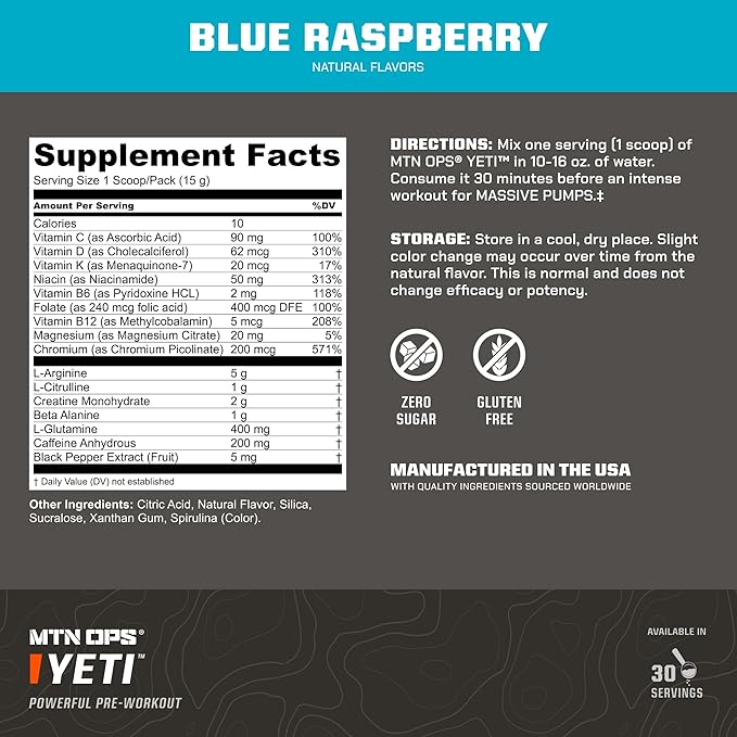 MTN OPS Yeti Trail Packs Pre-Workout Powder Energy Drink with Creatine, 200mg Caffeine & BCAAs with Beta Alanine, 20-Single Servings, Blue Raspberry