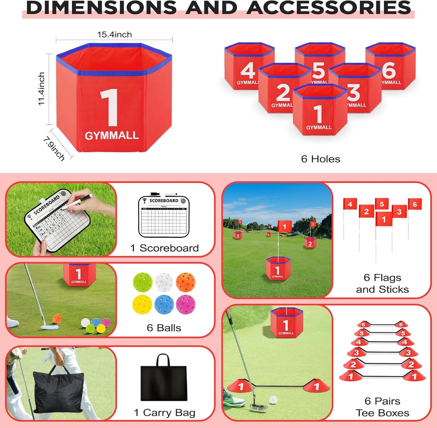 Golf Bucket Yard Game, Backyard Golf Set for Kids, Adults and Family, Outdoor and Indoor Portable 6 Holes Golf Course with Balls, Flags and Carry Bag for Lawn, Park, Beach and Hotel - Red