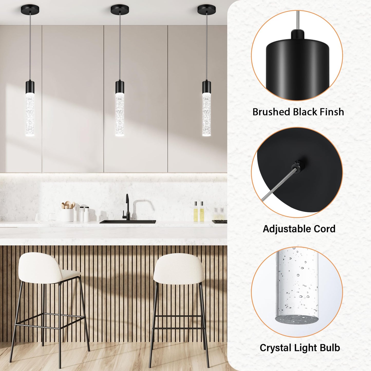 Esfos Pendant Lights Kitchen Island  6500K Modern Kitchen Island Lights Brushed Black  3 Pack Ceiling Lighting Fixtures With Crystal Bubble  Integrated Led Hanging Light For Dining Room Restaurant