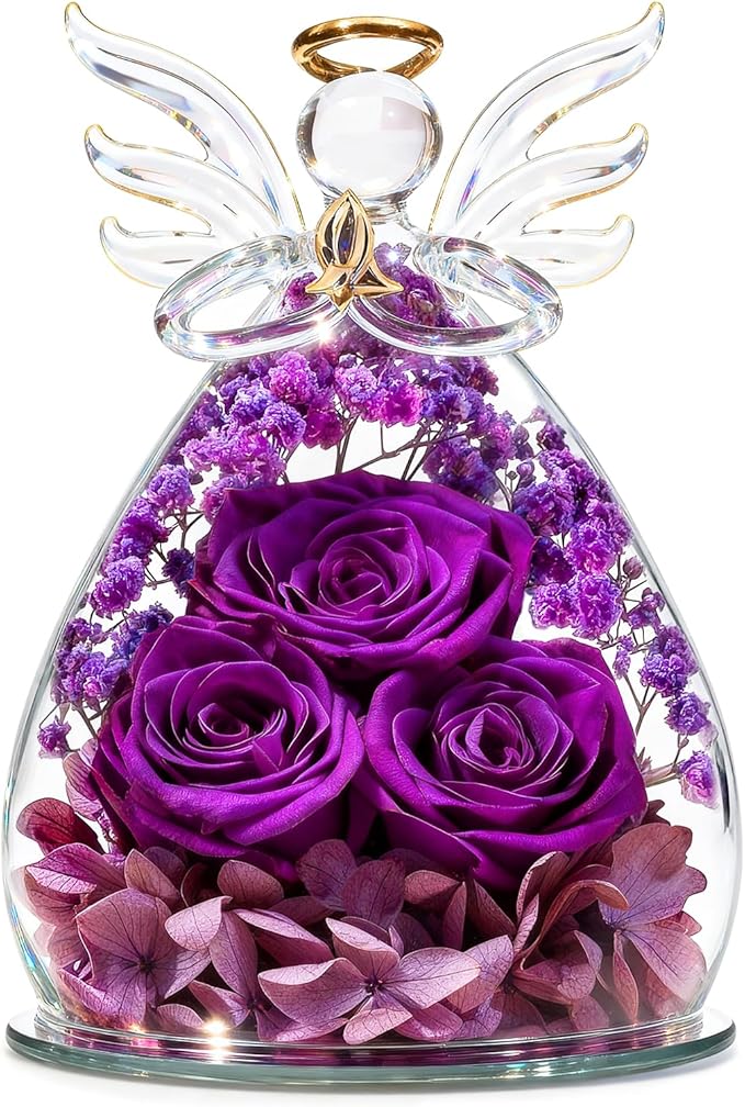Beferr Valentines Day Rose Gifts for Her Women Mom Gifts for Birthday, Fresh Flowers for Delivery Forever Preserved Rose in Glass Angel Figurine, for Grandma Wife Daughter Girlfriend
