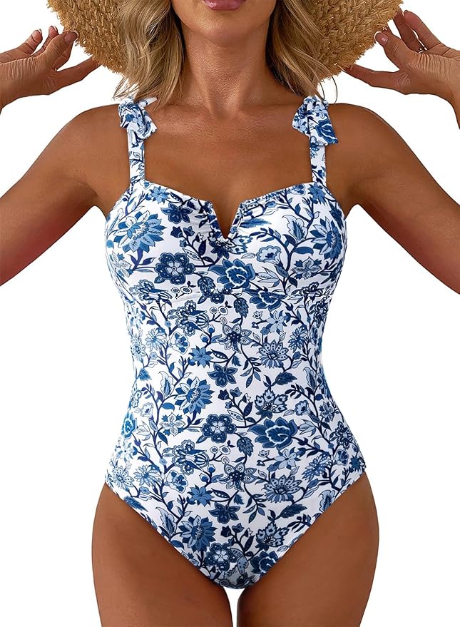 Aleumdr Women's One Piece Swimsuits Tummy Control Bathing Suits V Neck Boho Tie Shoulder Ruched Full Coverage Swimwear