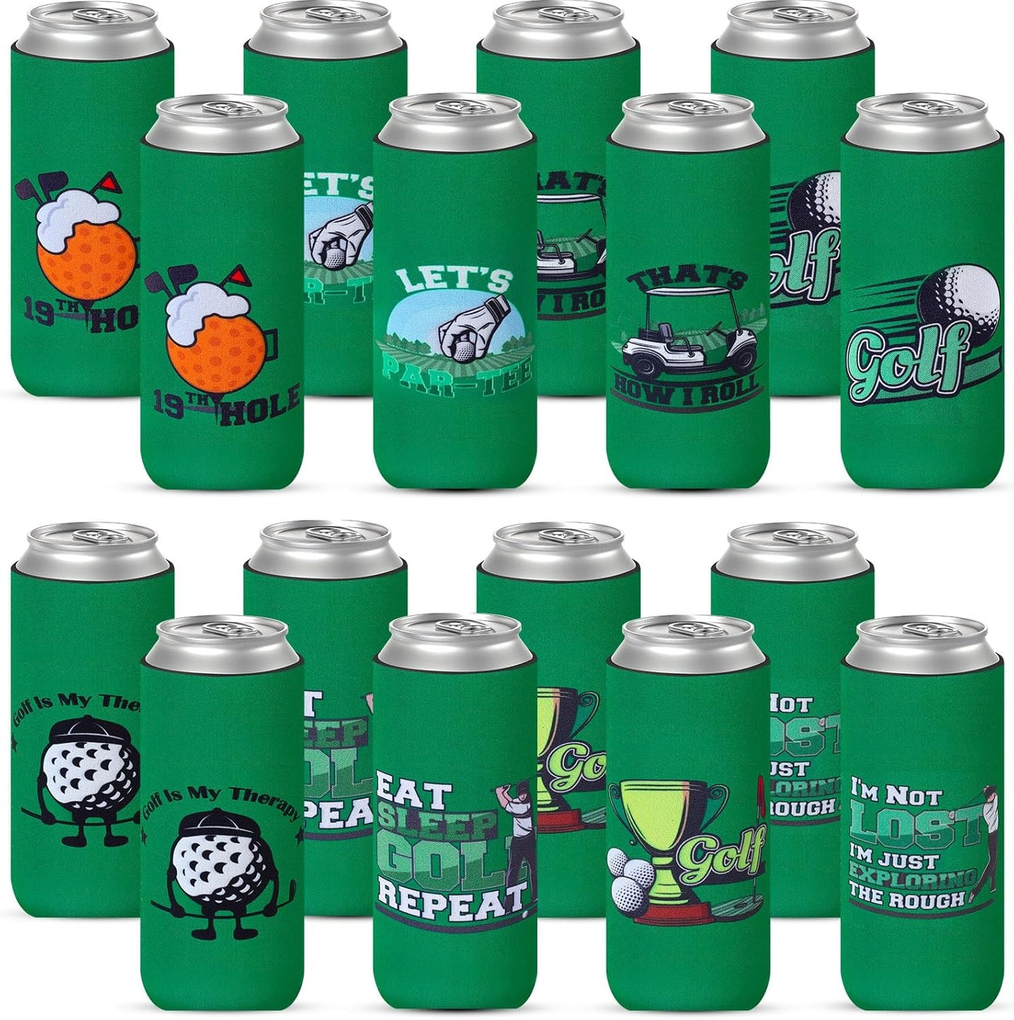 Layhit 24 Pcs Funny Golf Themed Can Cooler Hole in One 12 oz Can Sleeve Bulk Golf Gifts Reusable Insulated Neoprene Cup Holder for Golfer Game Party Bachelor(Slim)