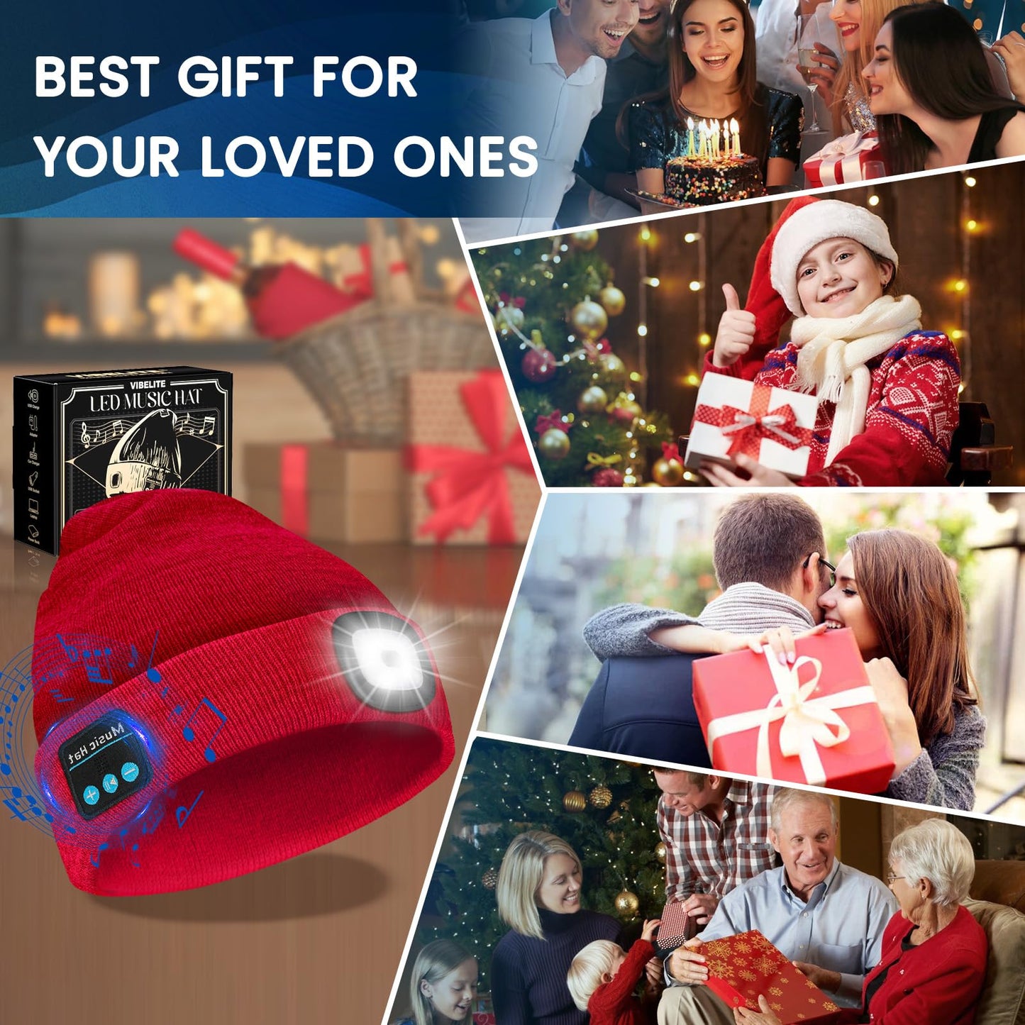 Vibhigh-standard Bluetooth Beanie Hat With Light  Usb Rechargeable Led Headlamp With Wireless Headphones  Christmas Gifts Stocking Stuffers For Men  Teen Boys  Him  Husband  Boyfriend  Red