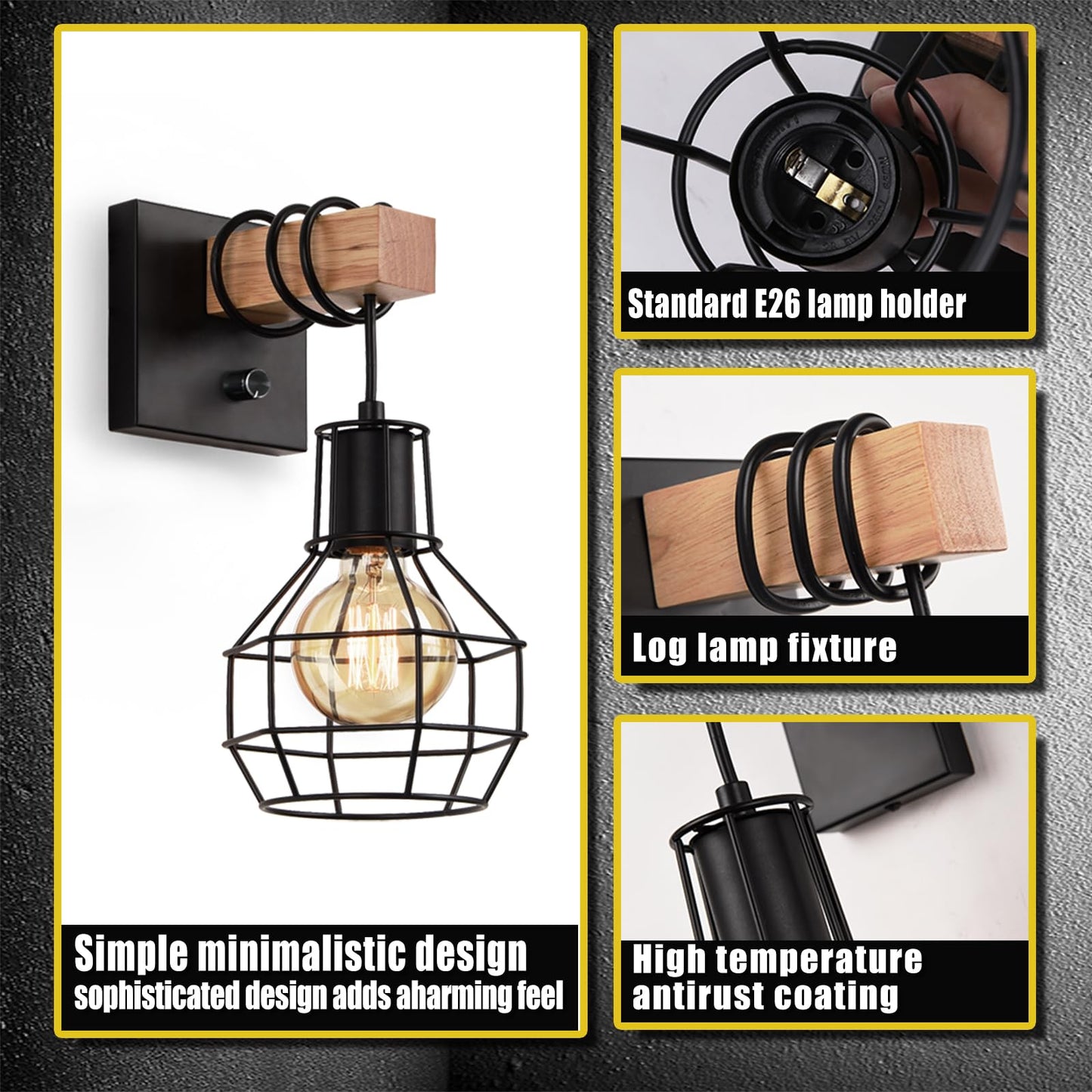 Lightess Industrial Wall Sconces Set of 2, Dimmer Switch, Metal Cage Shade, Black, 2 Pack, Model LG9951177