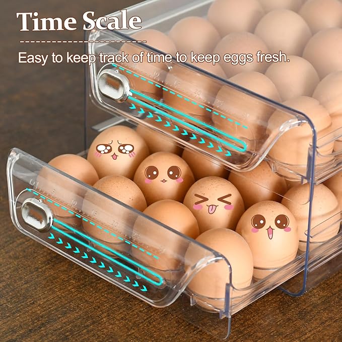 Egg Holder for Refrigerator,40 Eggs Clear Drawer Organizer,2 Layer Stackable Egg Holder Egg Trays,Egg Storage Container with Time Scale for Fridge Countertop Cabinet