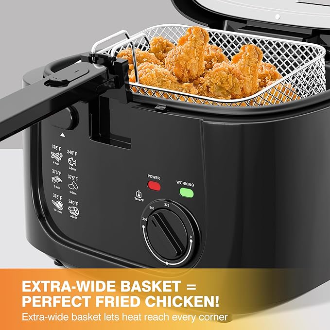1500W Electric Deep Fryer with Adjustable Temperature Control, 2.5L Non-Stick Basket & Viewing Window, Folding Handle and Locking Cover for Easy Storage, Black