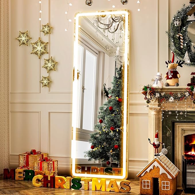 GLSLAND LED Full Length Mirror 64" x 21" Floor with Stand Wall Mounted Hanging Full Body Mirror with Lights Free Standing for Bedroom Living Room Bathroom, White