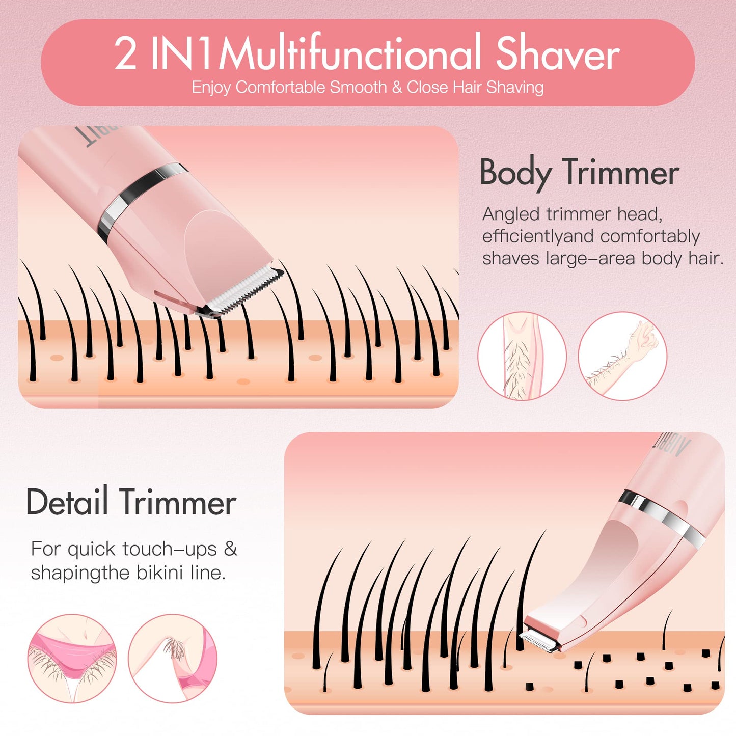 AIBRIT PRO Electric Bikini Trimmer for Women - 2 in 1 Electric Lady Pubic Hair Groomer Painless Hair Removal Razor Body Shaver,
