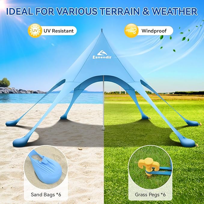 Beach Tent Sun Shelter & Portable Beach Canopy UPF 80+ UV Protection, Beach Shade Canopy with 6 Sandbags, Sand Shovel Ground Pegs for Outdoor Camping, Picnics (12x12ft, Sky Blue)