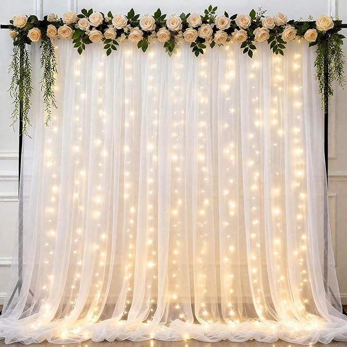 Ledido 2 Pack 10×10ft White Tulle Backdrop Curtains with Lights String - 600LED Fairy Lights Sheer Curtain Backdrop for We...