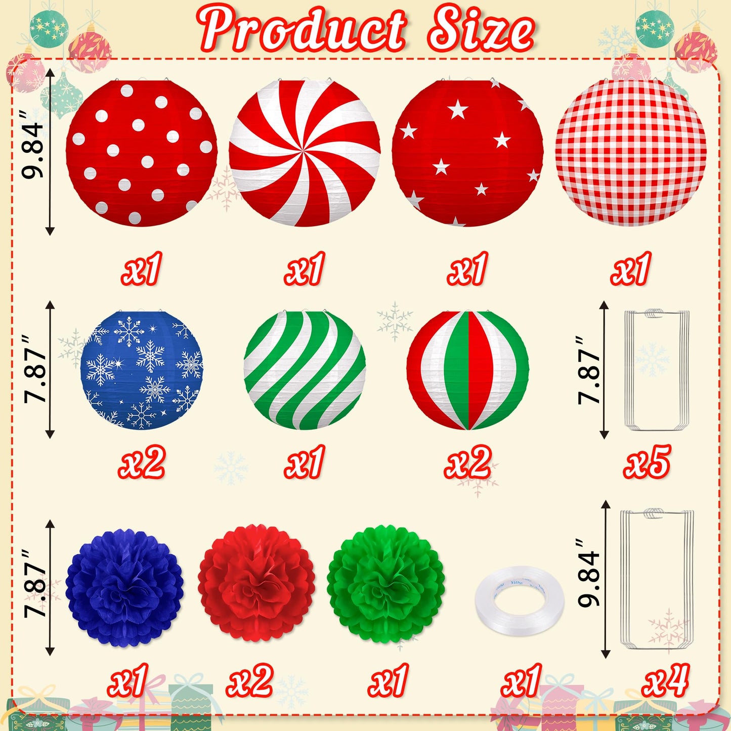 Renbuzhu 13Pcs Christmas Decorations Ornaments Set - 9 Red Green Blue Hanging Paper Lanterns  4 Pom Poms For Indoor  Home  Xmas Party  Porch Decor