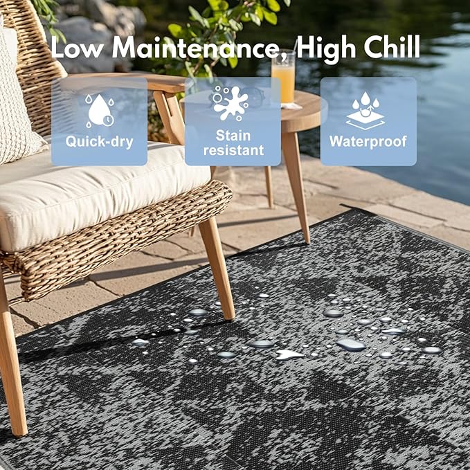 Waterproof Outdoor Rug 8x10 ft, Reversible Plastic Straw Rug, Easy to Clean Patio Rug, Portable Carpet for Patio, RV, Deck, Balcony, Backyard, Picnic, Beach, Mosaic, Gray