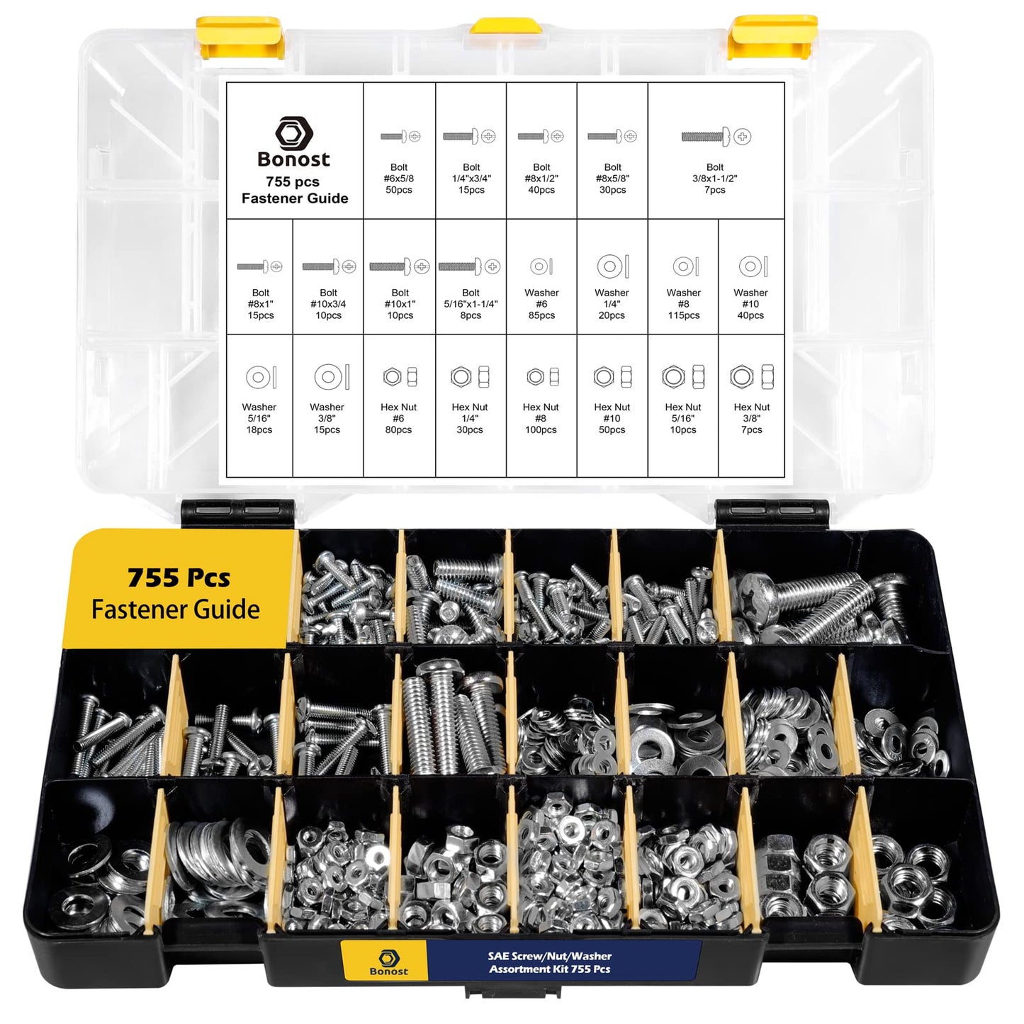 Bonost 2300 Pieces Hardware Assortment Kit - Metric & SAE Machine Screw Assortment Kit with Assorted Nuts, Bolts, and Washers (3 Trays)