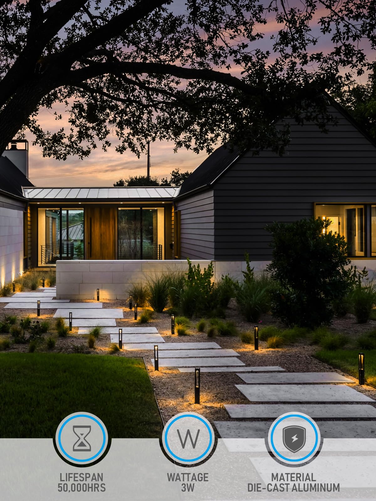 LEONLITE 12-Pack Low Voltage Path Lights, 3W LED, Aluminum, IP65 Waterproof, 3000K Warm White, Model ZY3LSL-3WBLK
