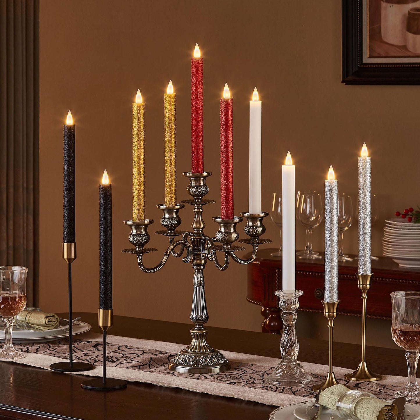 CozierGlow Flameless Taper Candles Flickering with Remote and Timer, 3D Moving Flame Taper Candle Battery Operated to 400 Hours, 9 Inch Window Candles, (Glitter Black)