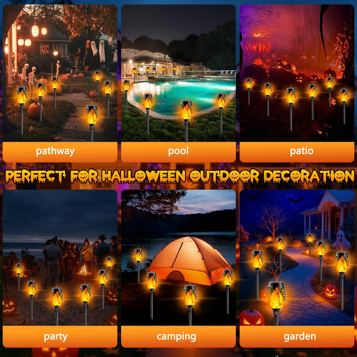 SANJICHA Solar Lights Outdoor, 10 Pack Mini Flickering Flame, Waterproof Plastic, Orange for Halloween Decor, Garden Pathway, Patio