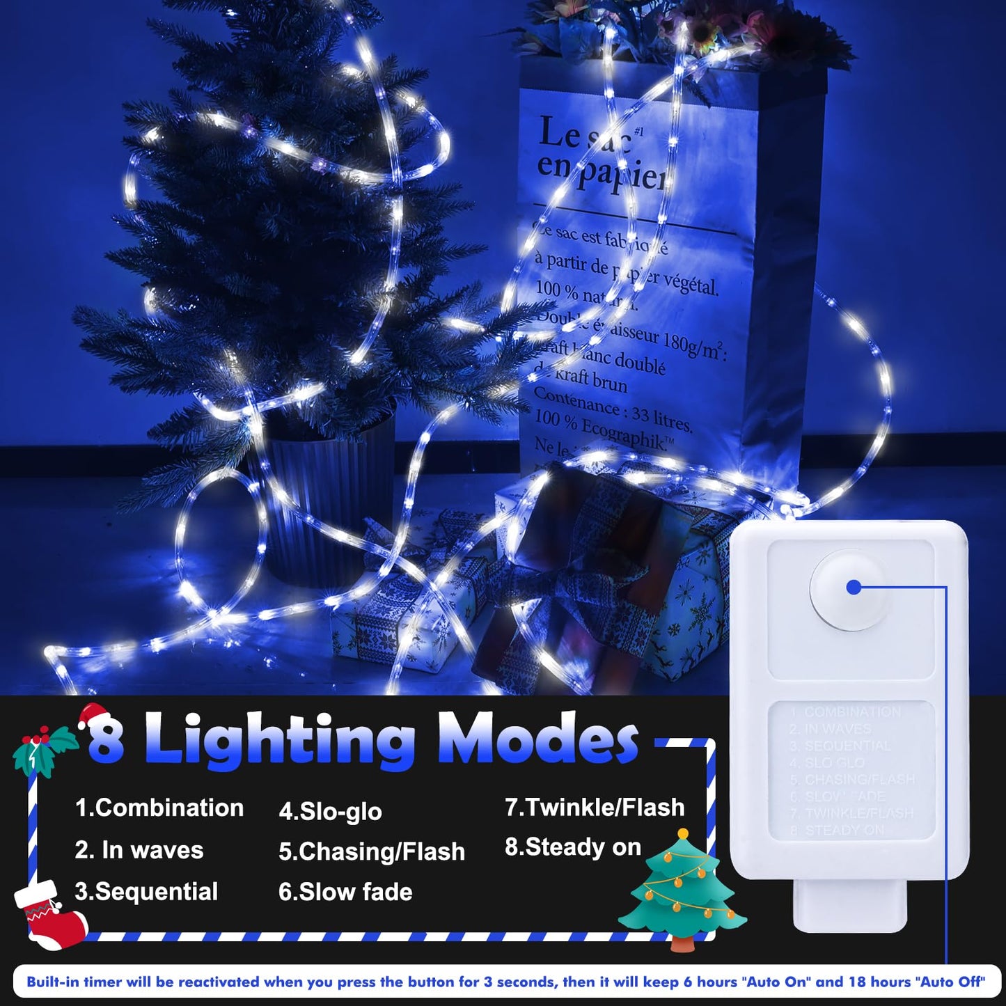 150Ft Led Rope Lights Outdoor  1080 Led Connectable And Flexible Tube Lights With 8 Modes  Waterproof Led Rope Lighting For Garden Patio Bedroom Party Pool Indoor Outdoor Christmas Decor (White&Blue)
