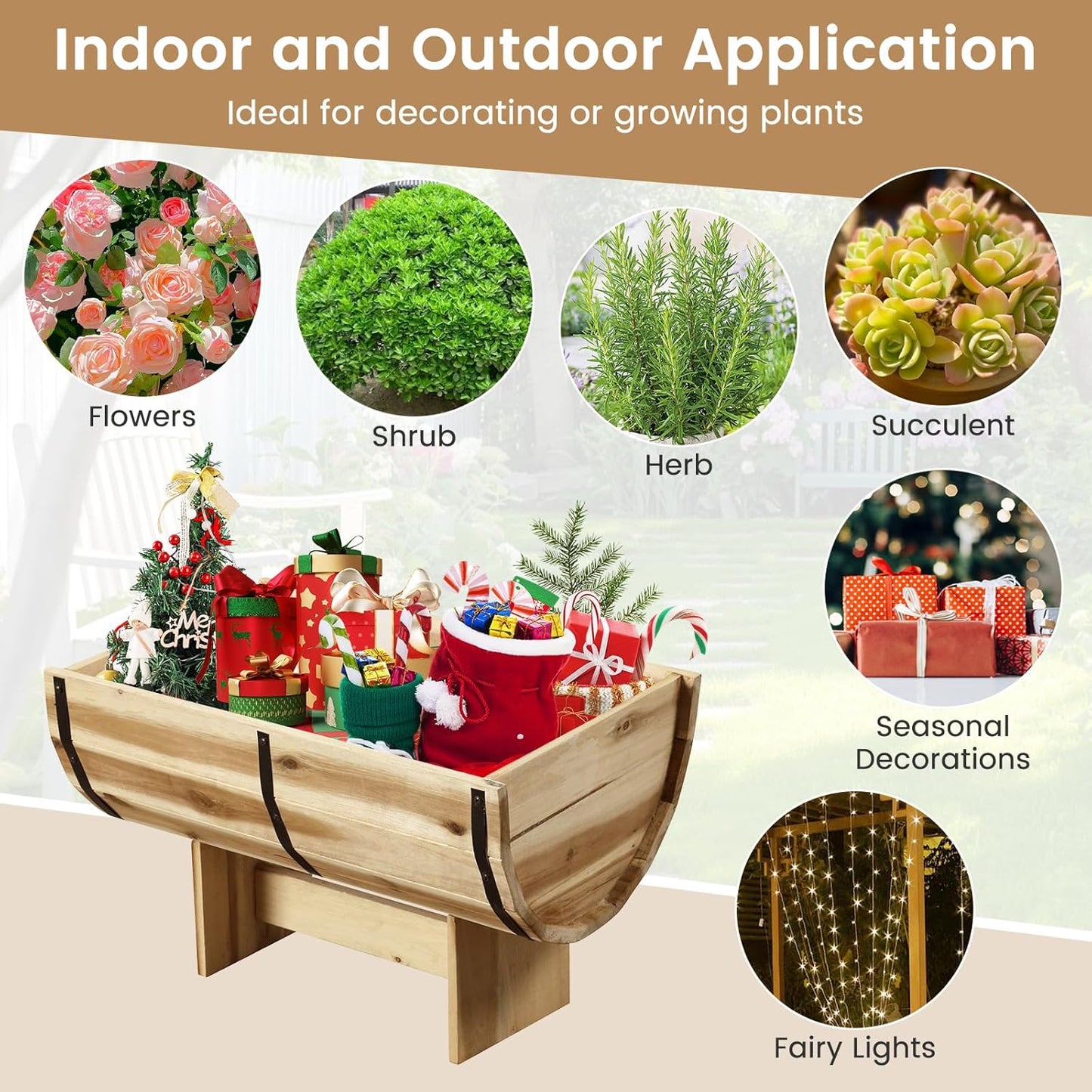 HAPPYGRILL Wooden Plant Pots, Solid Acacia Wood Half-Barrel Planting Flower Pot w/Legs, Drainage for Flower Vegetable Fruit, Outdoor Elevated Garden Bed, Decorative Planters for Indoor Plants (1)