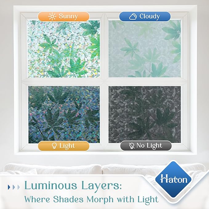 Haton Window Privacy Film, Rainbow Decorative Film, Stained Glass Window Clings, Static Cling UV Blocking Heat Control Tint Sticker for Home Door, Leaf Rainbow, 23.6" x 157.4" Non-Adhesive