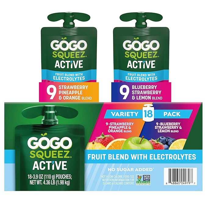 GoGo squeeZ Active Fruit Blend with Electrolytes | 18-Count Variety Pack | Blueberry Strawberry Lemon & Strawberry Pineapp...