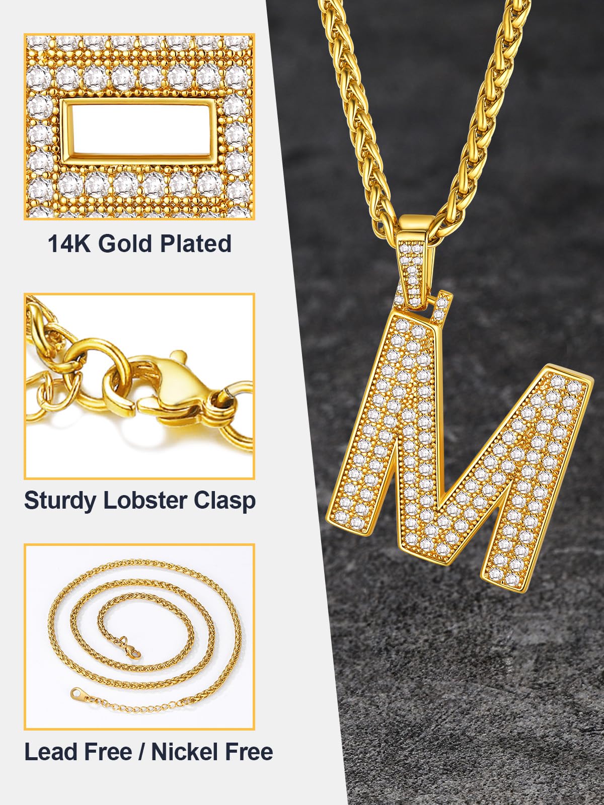 U7 Mens Gold Plated Chain with Initial Bling Hip Hop Costume Jewelry Letter Pendant M Necklace