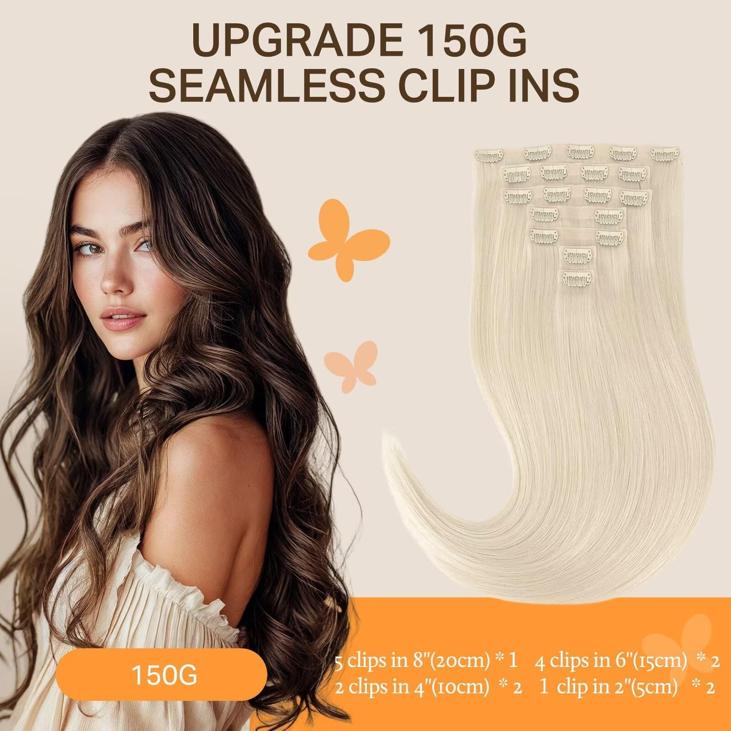 DOORES Clip in Hair Extensions, Platinum Blonde 150g 7pcs 22 Inch, Silky Straight Invisible Edge Human Hair Extensions for Women