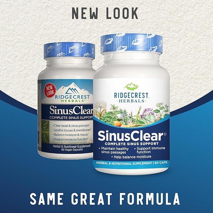 RidgeCrest Herbals SinusClear, Complete Formula for Sinus and Nasal Health with Mullein Leaf, Bromelain, Vitamin C, and Zinc, for Healthy Mucus, Immune & Respiratory Support, (60 Veg Caps, 30 Serv)