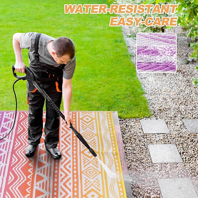 Lahome Outdoor Rug Waterproof, 6x9 Reversible Outdoor Plastic Straw Rug for Camping, RV Patio Rugs Large Carpet for Porch Deck Backyard Balcony Picnic(Orange/Purple,6'x 9')