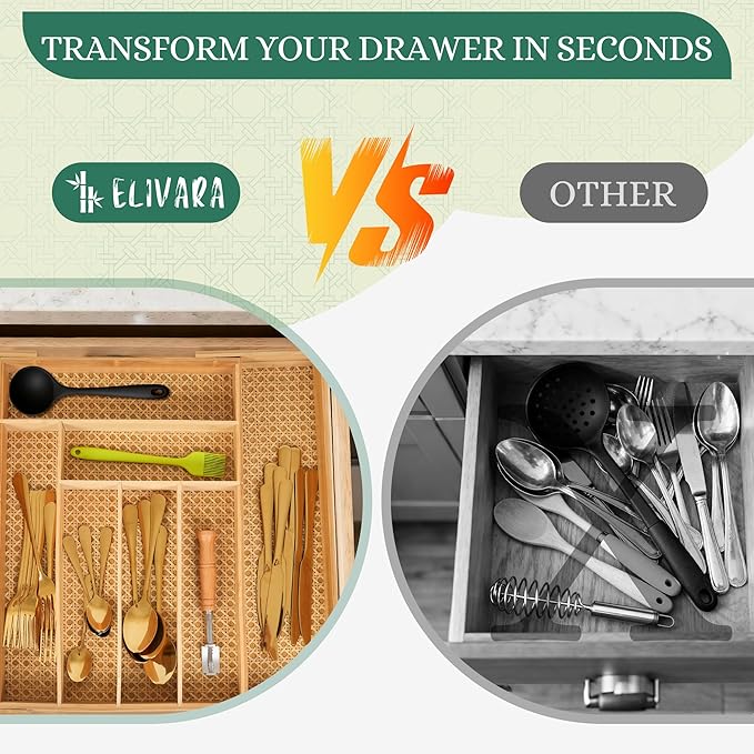 Bamboo & Rattan Expandable Drawer Organizer – Rustic Wood Utensil Holder, Cutlery Tray for Kitchen & Office – Adjustable Width 13" to 22", Size 13"x18"x2.6"