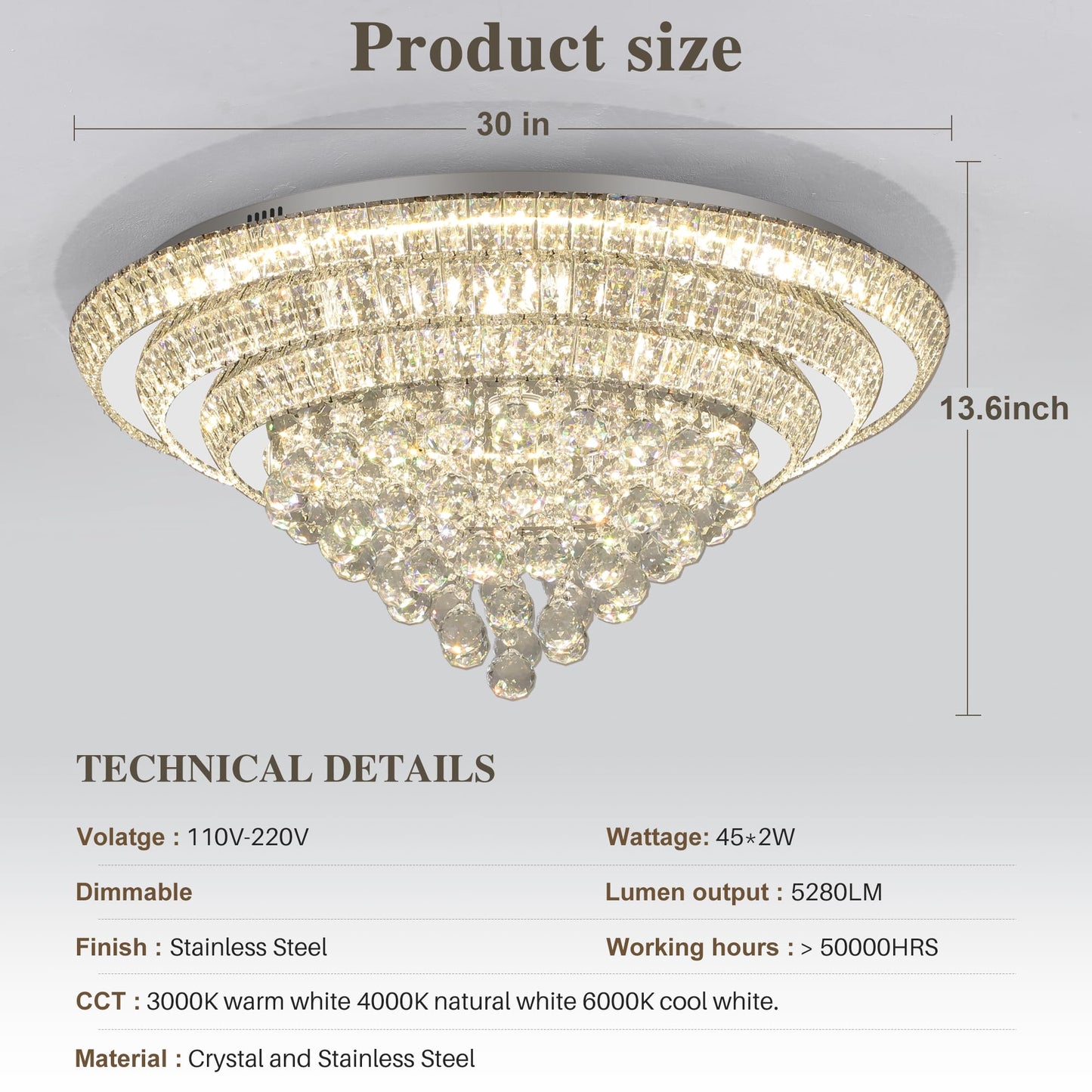 Miuyhji LED Crystal Raindrop Ceiling Light, 30in Dimmable Flush Mount Chandelier, Silver, SUS304/K9 Crystal, Remote Control
