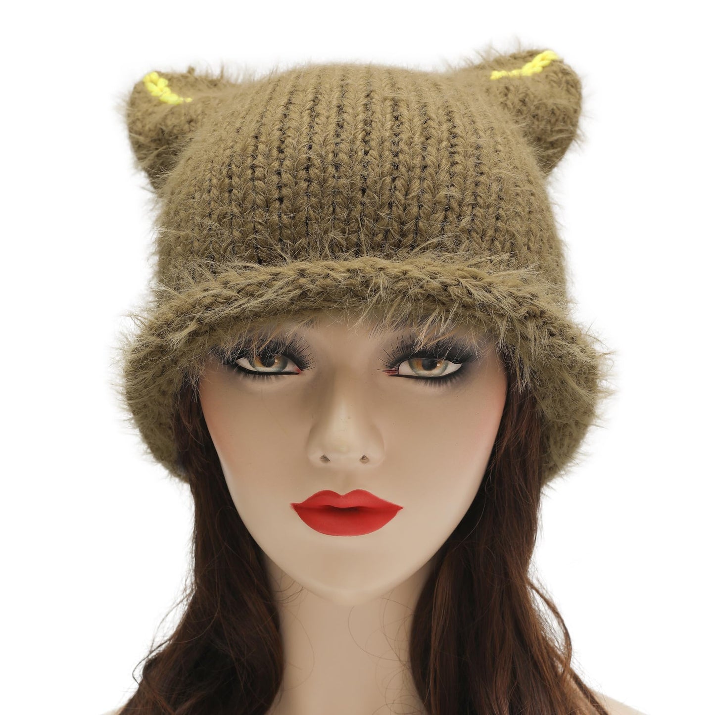 ZLYC Women's Slouchy Beanie with Cat Ears, Solid Khaki, one Size fits Most